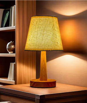 Stoffen Tafellamp – Houten Basis & Warm LED Licht, Modern Japans Design