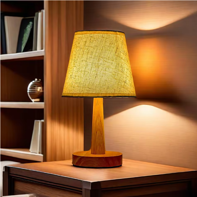 Stoffen Tafellamp – Houten Basis & Warm LED Licht, Modern Japans Design
