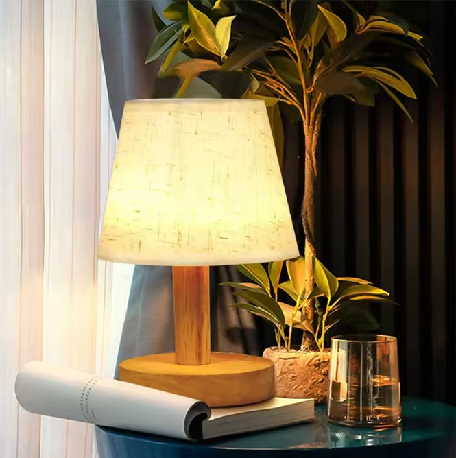 Stoffen Tafellamp – Houten Basis & Warm LED Licht, Modern Japans Design