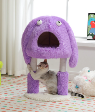 2-in-1 Kattenboomtoren – Pluche Krabpaal & Kattenhuis met Monsterontwerp