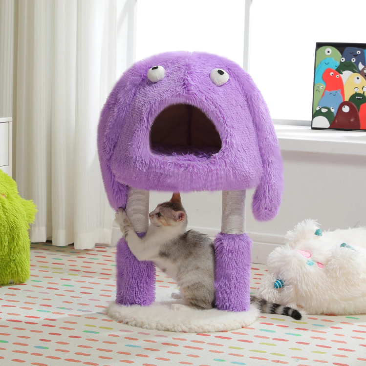 2-in-1 Kattenboomtoren – Pluche Krabpaal & Kattenhuis met Monsterontwerp