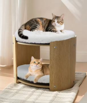 2-laags Verhoogd Kattenbed – Houten Frame met Pluche Ligmatten