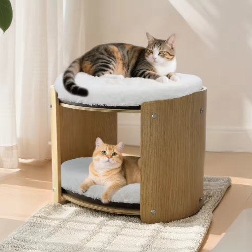 2-laags Verhoogd Kattenbed – Houten Frame met Pluche Ligmatten