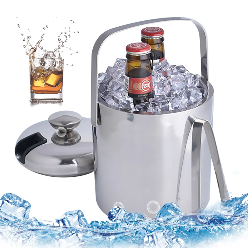 RVS IJsemmer 1,3L met Deksel & Tang – Dubbelwandige Champagnekoeler