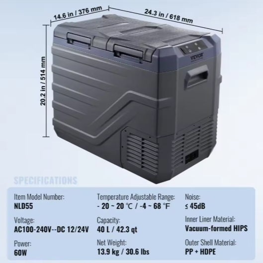 Draagbare Autokoelkast 40L – Dual Zone Compressor Koeler & Vriezer 12/24V
