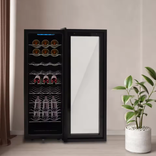 Wijnkoelkast 90L – Vrijstaande Zwarte Koeler voor 30 Flessen met LED & Gehard Glas