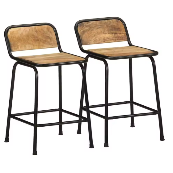 Set van 2 Mangohouten Barkrukken – Massief Hout & Metalen Poten, 70 cm Hoog