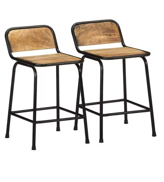 Set van 2 Mangohouten Barkrukken – Massief Hout & Metalen Poten, 70 cm Hoog