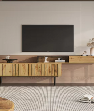 TV-Meubel 180 cm – Marmerlook & Houtnerf Design met IJzeren Poten