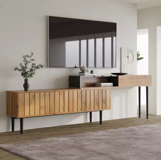 TV-Meubel 180 cm – Marmerlook & Houtnerf Design met IJzeren Poten