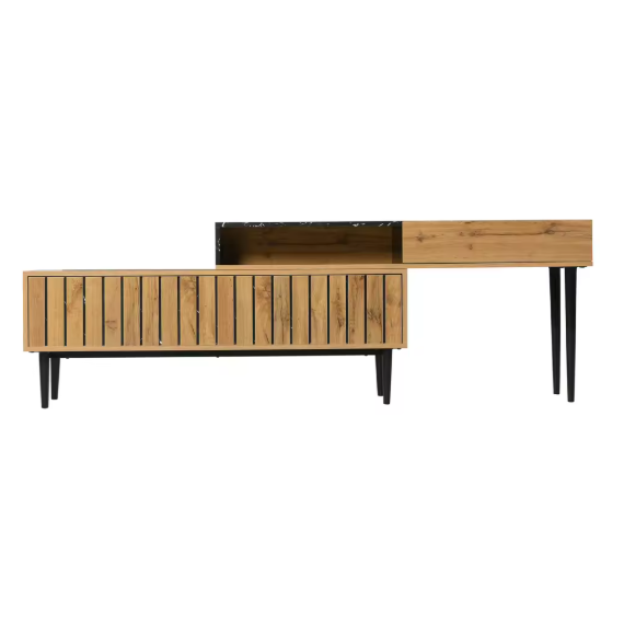TV-Meubel 180 cm – Marmerlook & Houtnerf Design met IJzeren Poten
