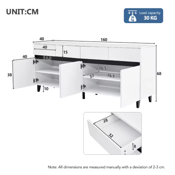 Hoogglans Dressoir met 4 Lades & 2 Deuren – Modern Opbergmeubel 160 cm