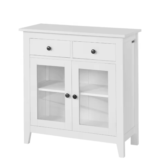 Wit Dressoir met 2 Lades & 2 Glazen Deuren – Compacte Opbergkast 80 cm