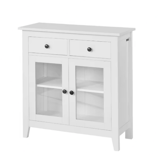 Wit Dressoir met 2 Lades & 2 Glazen Deuren – Compacte Opbergkast 80 cm