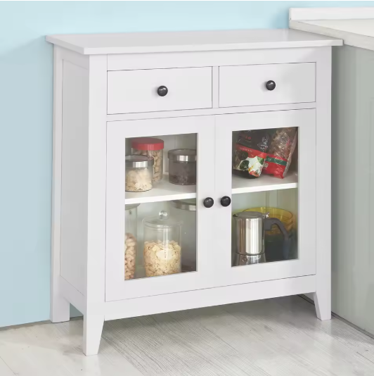 Wit Dressoir met 2 Lades & 2 Glazen Deuren – Compacte Opbergkast 80 cm