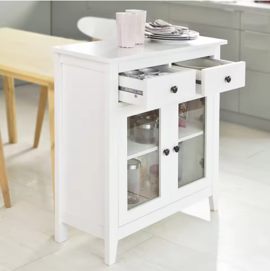 Wit Dressoir met 2 Lades & 2 Glazen Deuren – Compacte Opbergkast 80 cm