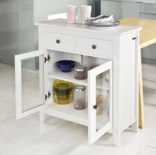 Wit Dressoir met 2 Lades & 2 Glazen Deuren – Compacte Opbergkast 80 cm