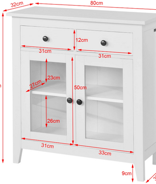 Wit Dressoir met 2 Lades & 2 Glazen Deuren – Compacte Opbergkast 80 cm