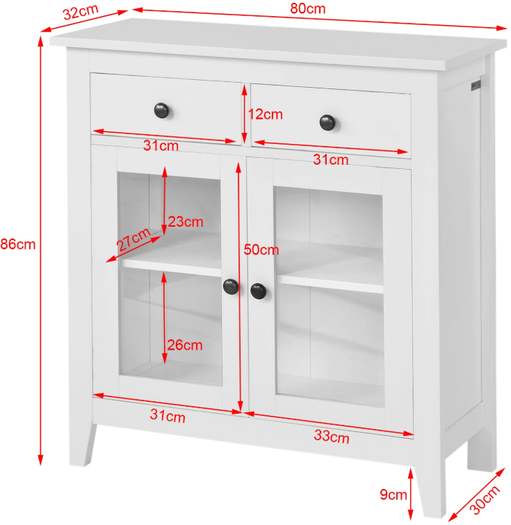 Wit Dressoir met 2 Lades & 2 Glazen Deuren – Compacte Opbergkast 80 cm