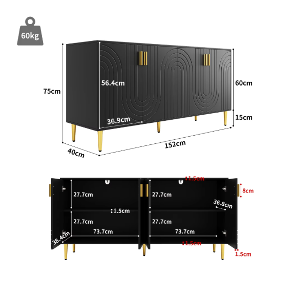 Modern Dressoir met Gouden Handgrepen – 2 Deuren & Lades 152 cm
