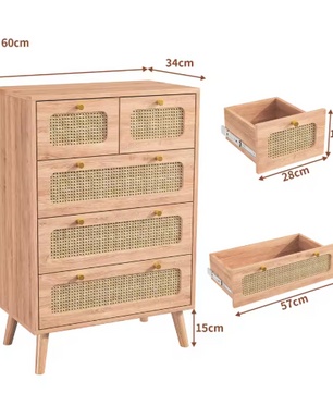 Rotan Ladekast met 5 Lades – Houten Dressoir 60 cm