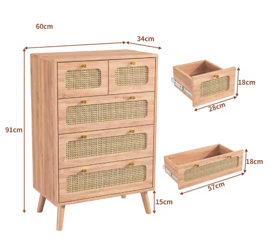 Rotan Ladekast met 5 Lades – Houten Dressoir 60 cm
