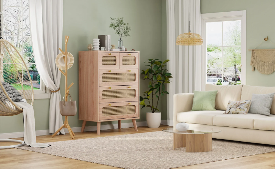 Rotan Ladekast met 5 Lades – Houten Dressoir 60 cm