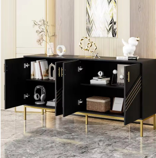 Zwart Dressoir met 4 Deuren – Moderne Opbergkast 160 cm