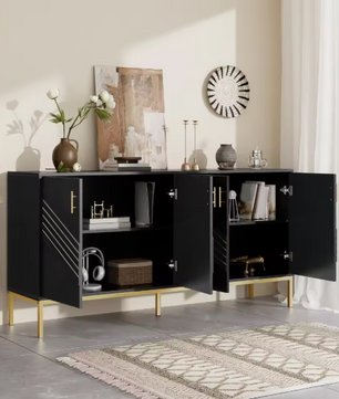 Zwart Dressoir met 4 Deuren – Moderne Opbergkast 160 cm