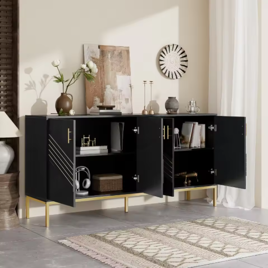 Zwart Dressoir met 4 Deuren – Moderne Opbergkast 160 cm