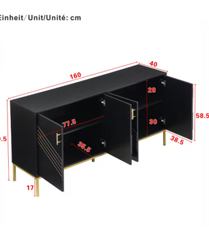 Zwart Dressoir met 4 Deuren – Moderne Opbergkast 160 cm