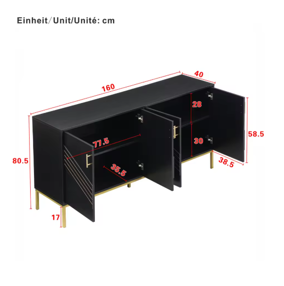 Zwart Dressoir met 4 Deuren – Moderne Opbergkast 160 cm