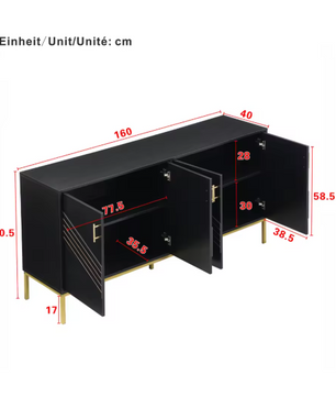 Zwart Dressoir met 4 Deuren – Moderne Opbergkast 160 cm