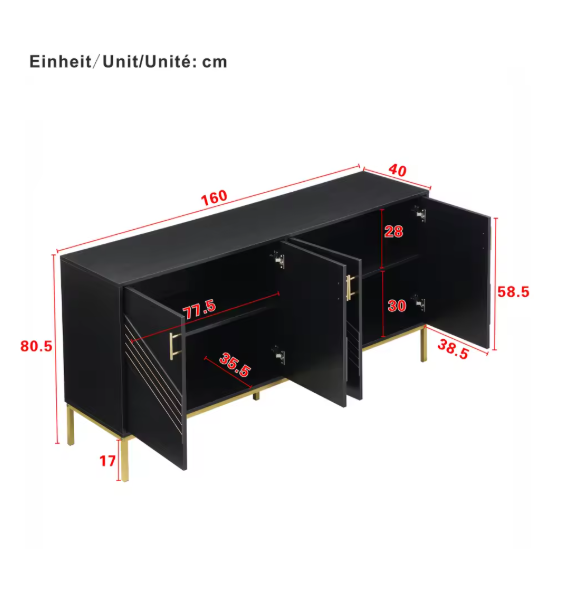 Zwart Dressoir met 4 Deuren – Moderne Opbergkast 160 cm