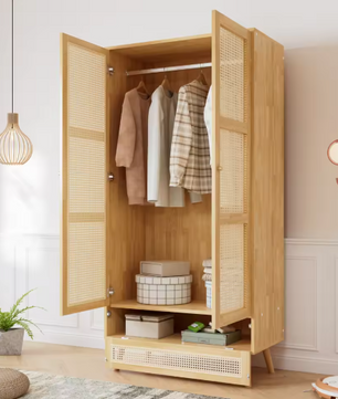 2-Deurs Rotan Kledingkast – Garderobe met Rail & Opbergruimte, 90×45×183 cm