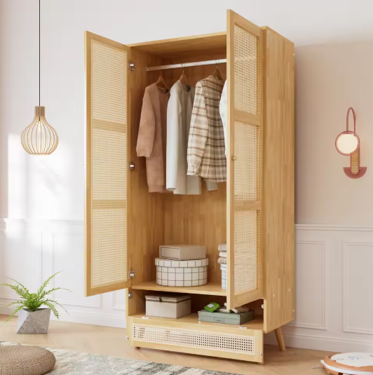 2-Deurs Rotan Kledingkast – Garderobe met Rail & Opbergruimte, 90×45×183 cm