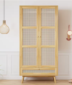 2-Deurs Rotan Kledingkast – Garderobe met Rail & Opbergruimte, 90×45×183 cm