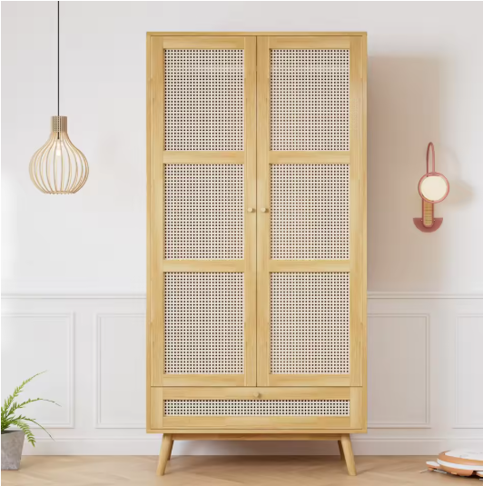 2-Deurs Rotan Kledingkast – Garderobe met Rail & Opbergruimte, 90×45×183 cm