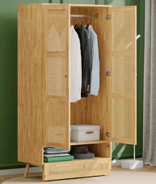 2-Deurs Rotan Kledingkast – Garderobe met Rail & Opbergruimte, 90×45×183 cm