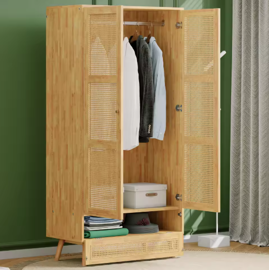 2-Deurs Rotan Kledingkast – Garderobe met Rail & Opbergruimte, 90×45×183 cm