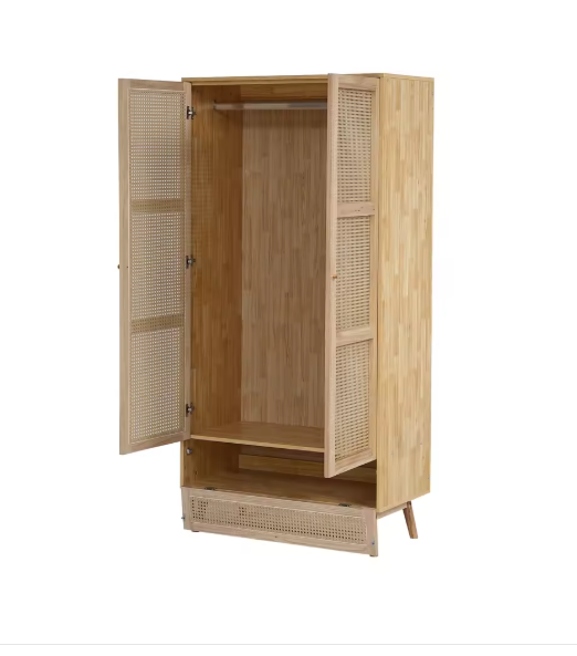 2-Deurs Rotan Kledingkast – Garderobe met Rail & Opbergruimte, 90×45×183 cm