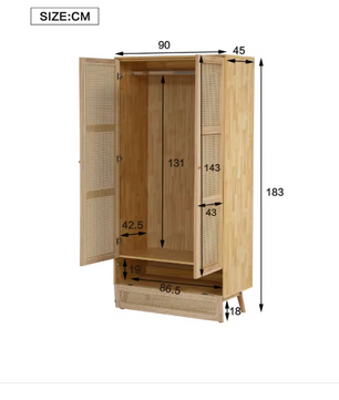 2-Deurs Rotan Kledingkast – Garderobe met Rail & Opbergruimte, 90×45×183 cm