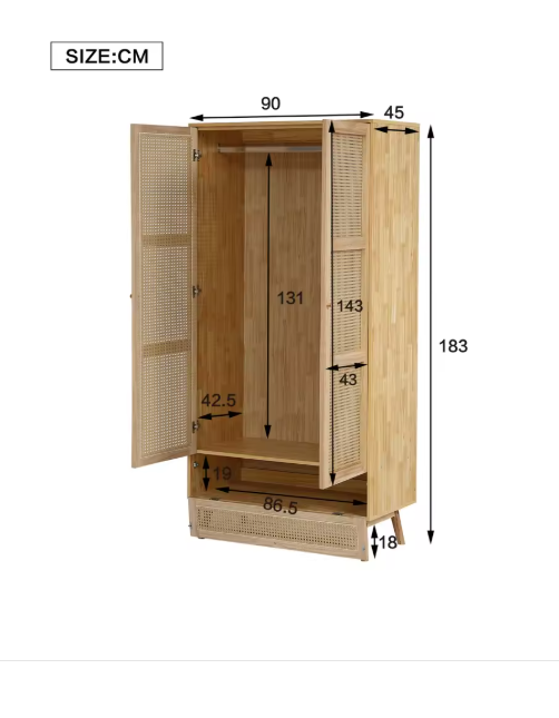2-Deurs Rotan Kledingkast – Garderobe met Rail & Opbergruimte, 90×45×183 cm