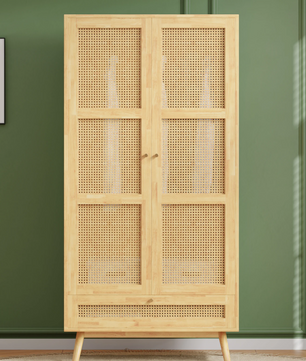 2-Deurs Rotan Kledingkast – Garderobe met Rail & Opbergruimte, 90×45×183 cm