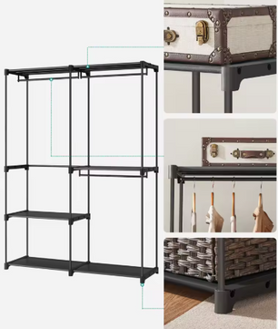 Vrijstaande Stoffen Kledingkast – Met 3 Kledingstangen & Open Opbergruimte, 138×43×182 cm