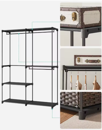Vrijstaande Stoffen Kledingkast – Met 3 Kledingstangen & Open Opbergruimte, 138×43×182 cm