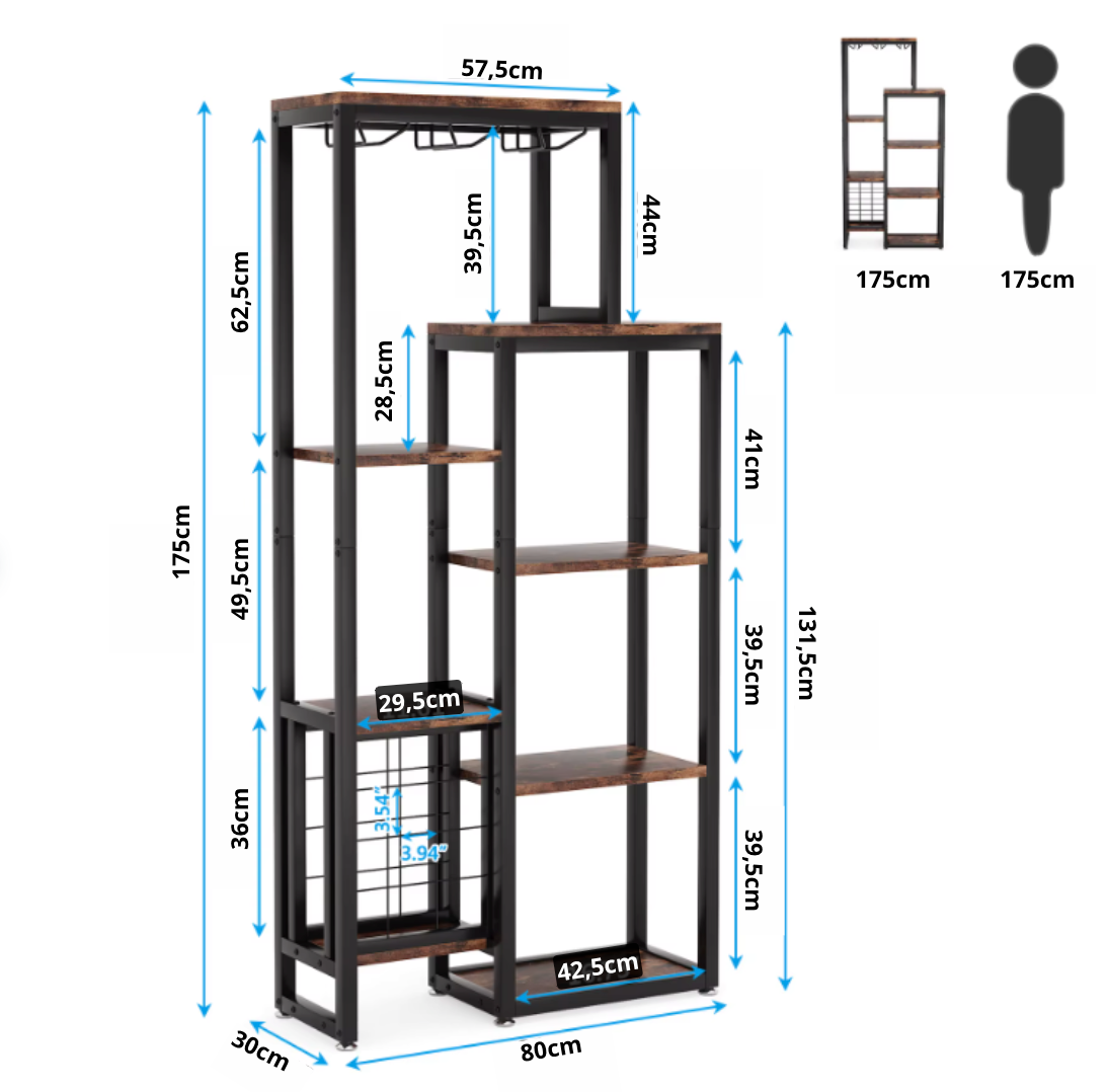 Vrijstaande Industriële Wijnrekkast – 5 Verdiepingen met Glazen Houder en Wijnopslag