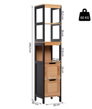 Hoge Badkamerkast met Planken en Laden – Bamboe – 30x30x144,3 cm
