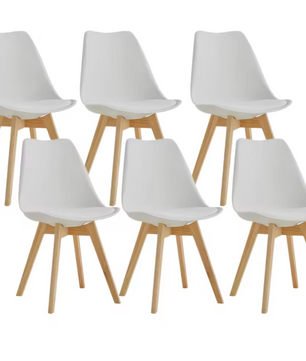 Set van 4/6 Scandinavische Stoelen Wit – PU-Lederen Zitting & Beukenhouten Poten
