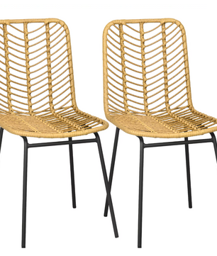Set van 2 Boheemse Eetkamerstoelen – Synthetisch Rotan en Zwarte Stalen Poten